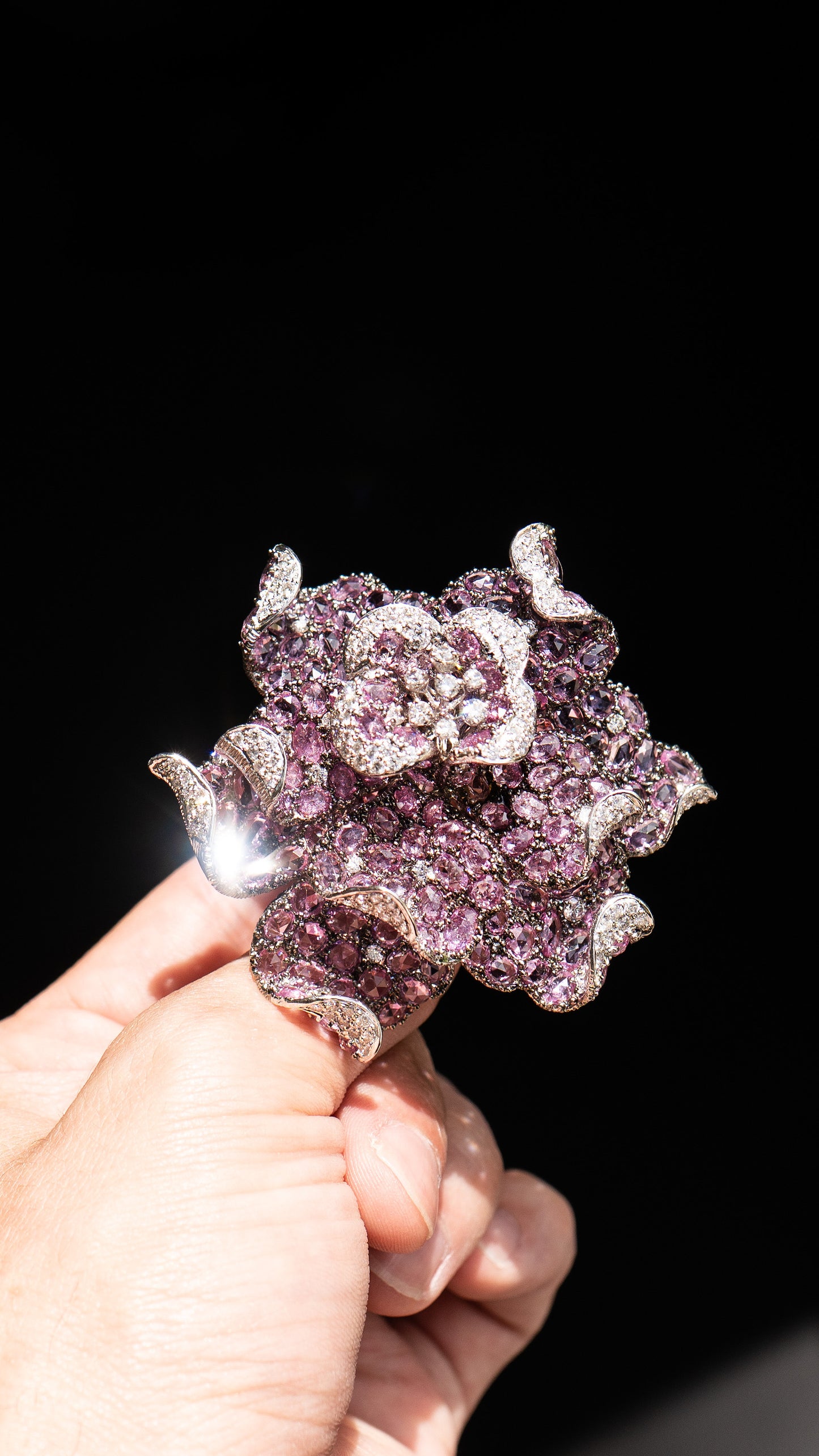 18k White and Black Gold Large Flower Cocktail Ring - Approx 30 CTW Rose Cut Pink Sapphires and Diamonds