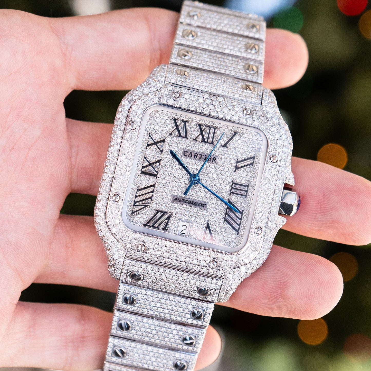 Cartier Santos Stainless Steel Bustdown Diamond Watch