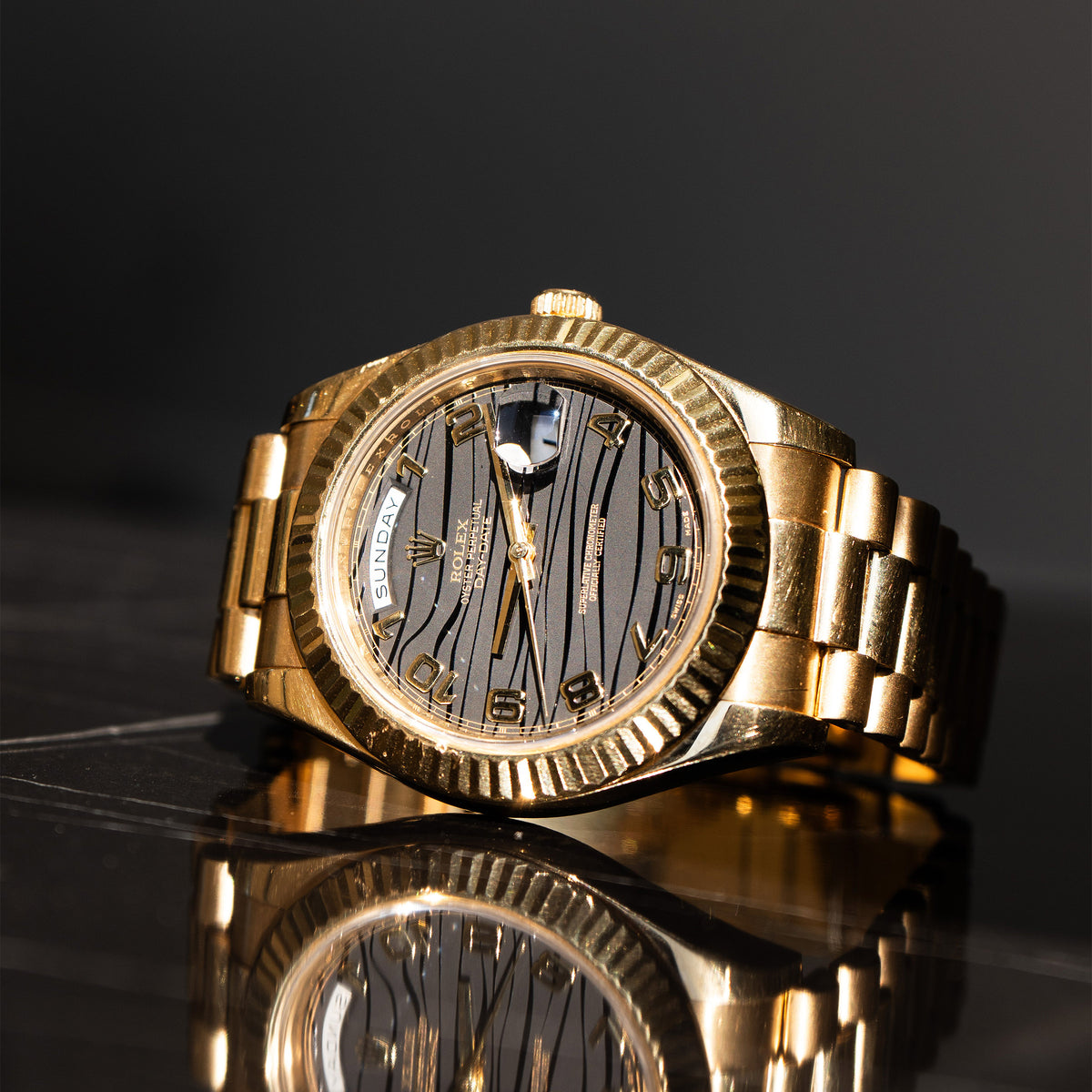 Pre-Owned Rolex 218238 Day-Date II Yellow Gold Black Arabic Wave Dial Presidential Watch