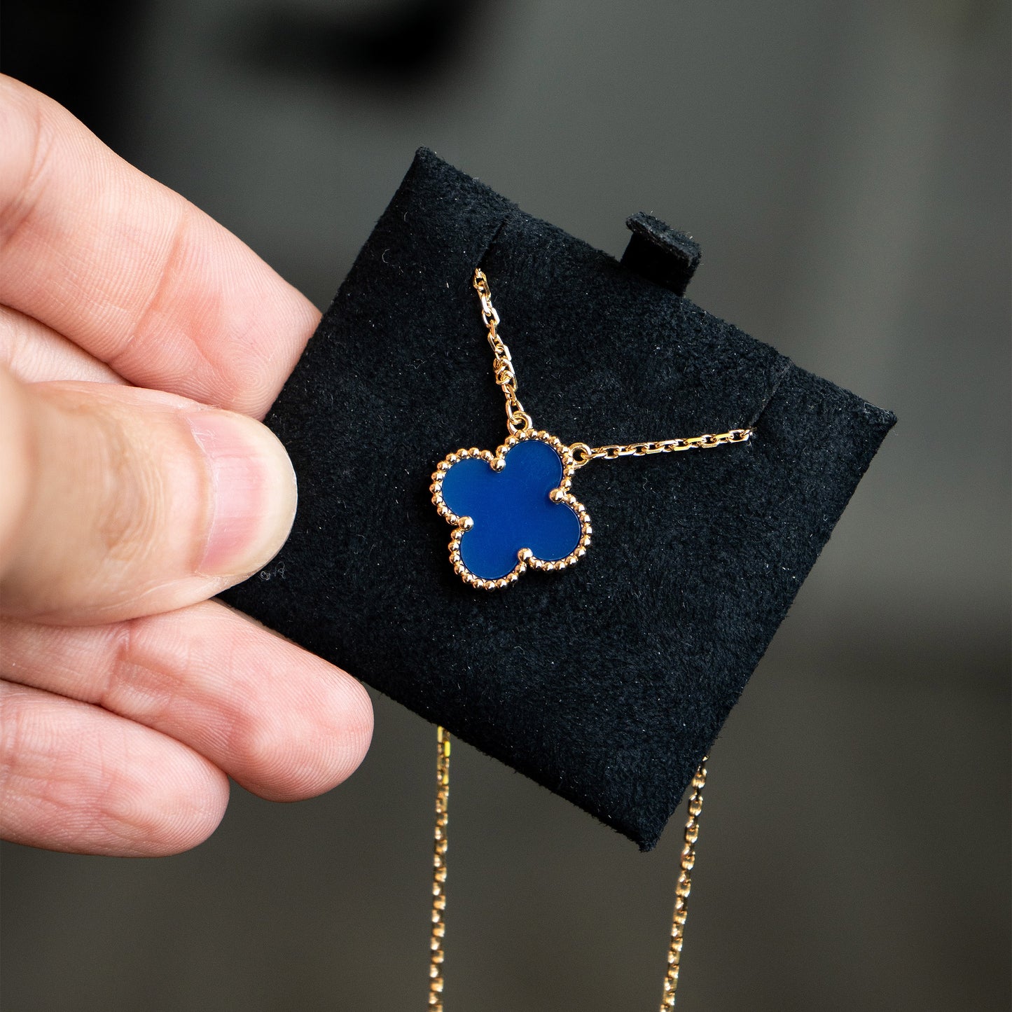 Van Cleef Vintage Alhambra Blue Agate Single Motif Necklace