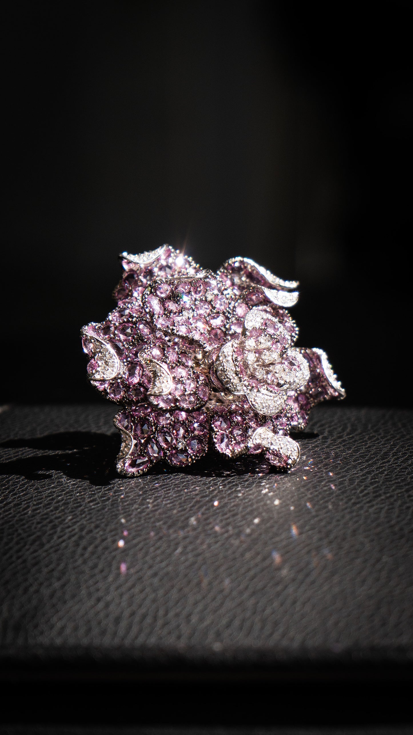 18k White and Black Gold Large Flower Cocktail Ring - Approx 30 CTW Rose Cut Pink Sapphires and Diamonds