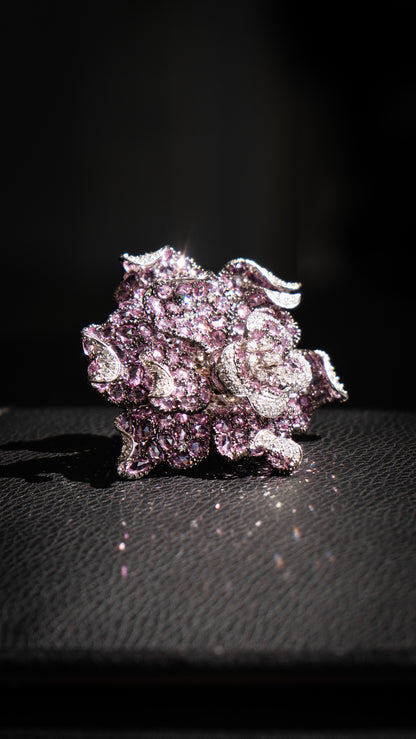 18k White and Black Gold Large Flower Cocktail Ring - Approx 30 CTW Rose Cut Pink Sapphires and Diamonds