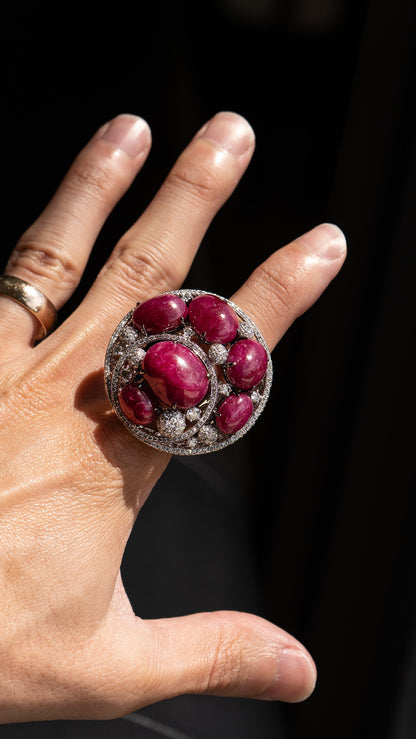 18k White Gold Cabochon Ruby and Diamond Cocktail Ring