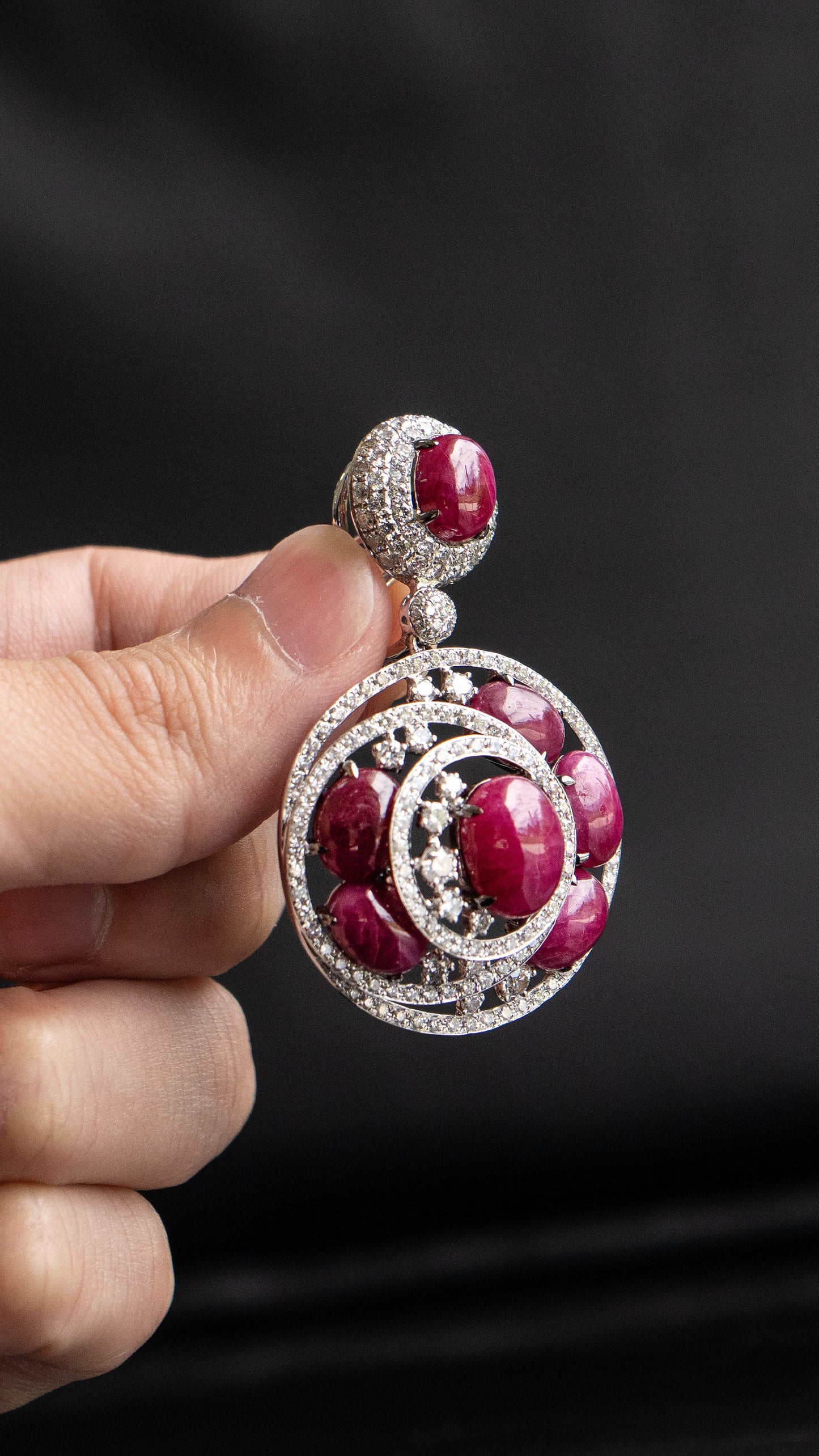 18k White Gold Cabochon Ruby and Diamond Drop Cocktail Earrings