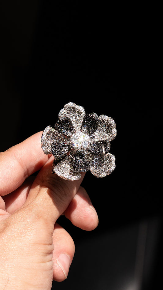 18k White Gold Budding Flower Ring Approx 12cts White and Black Natural Diamonds