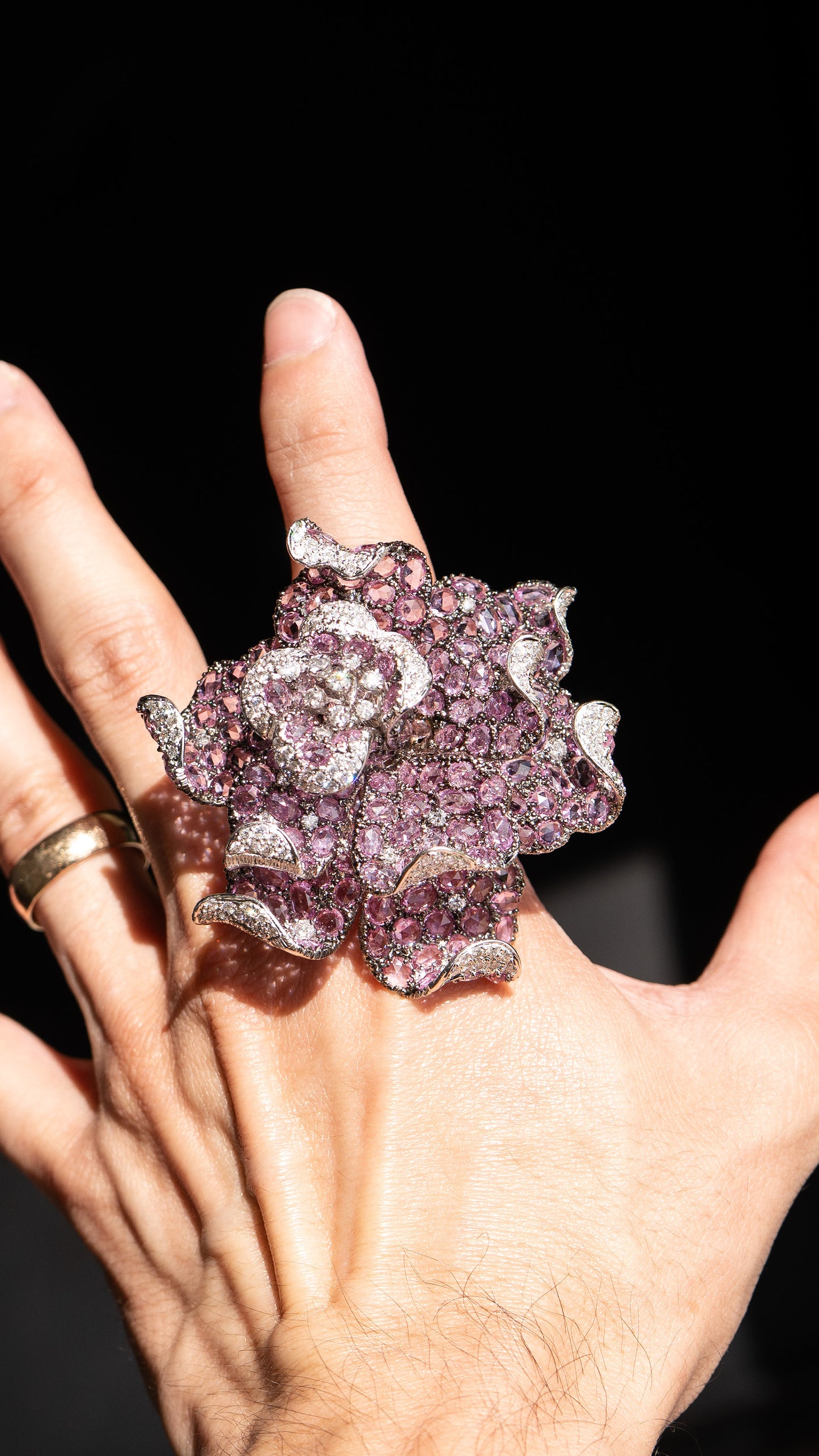 18k White and Black Gold Large Flower Cocktail Ring - Approx 30 CTW Rose Cut Pink Sapphires and Diamonds