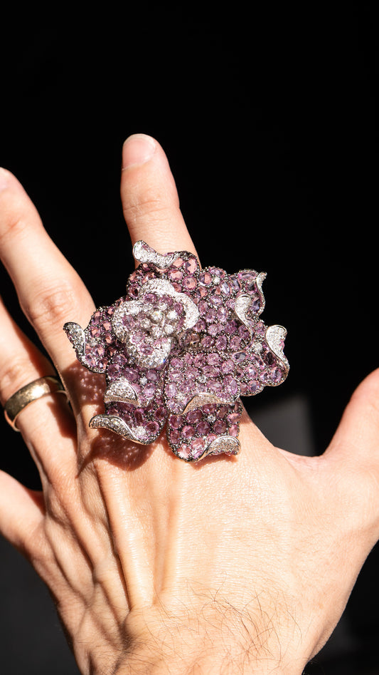 18k White and Black Gold Large Flower Cocktail Ring - Approx 30 CTW Rose Cut Pink Sapphires and Diamonds