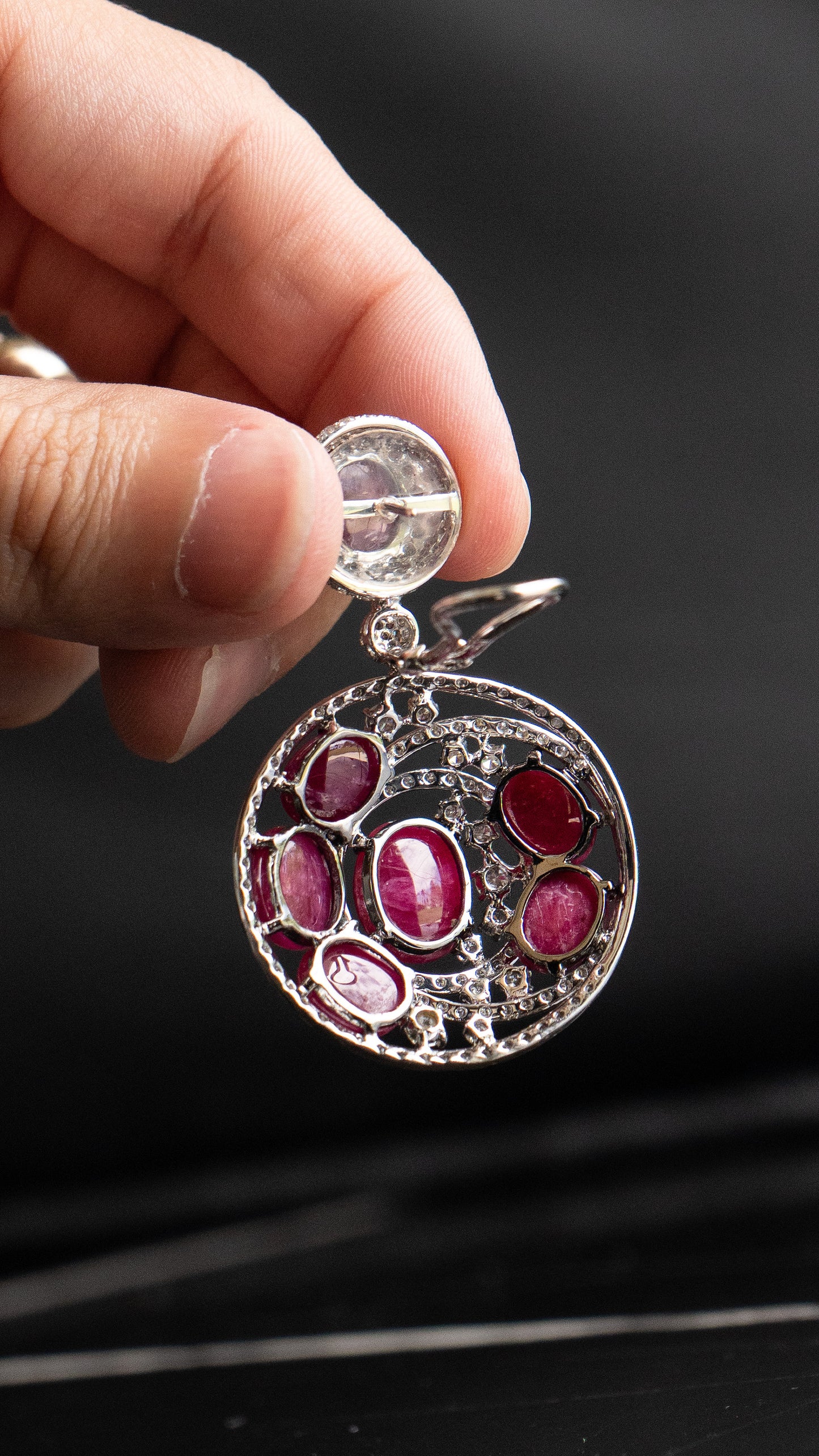 18k White Gold Cabochon Ruby and Diamond Drop Cocktail Earrings