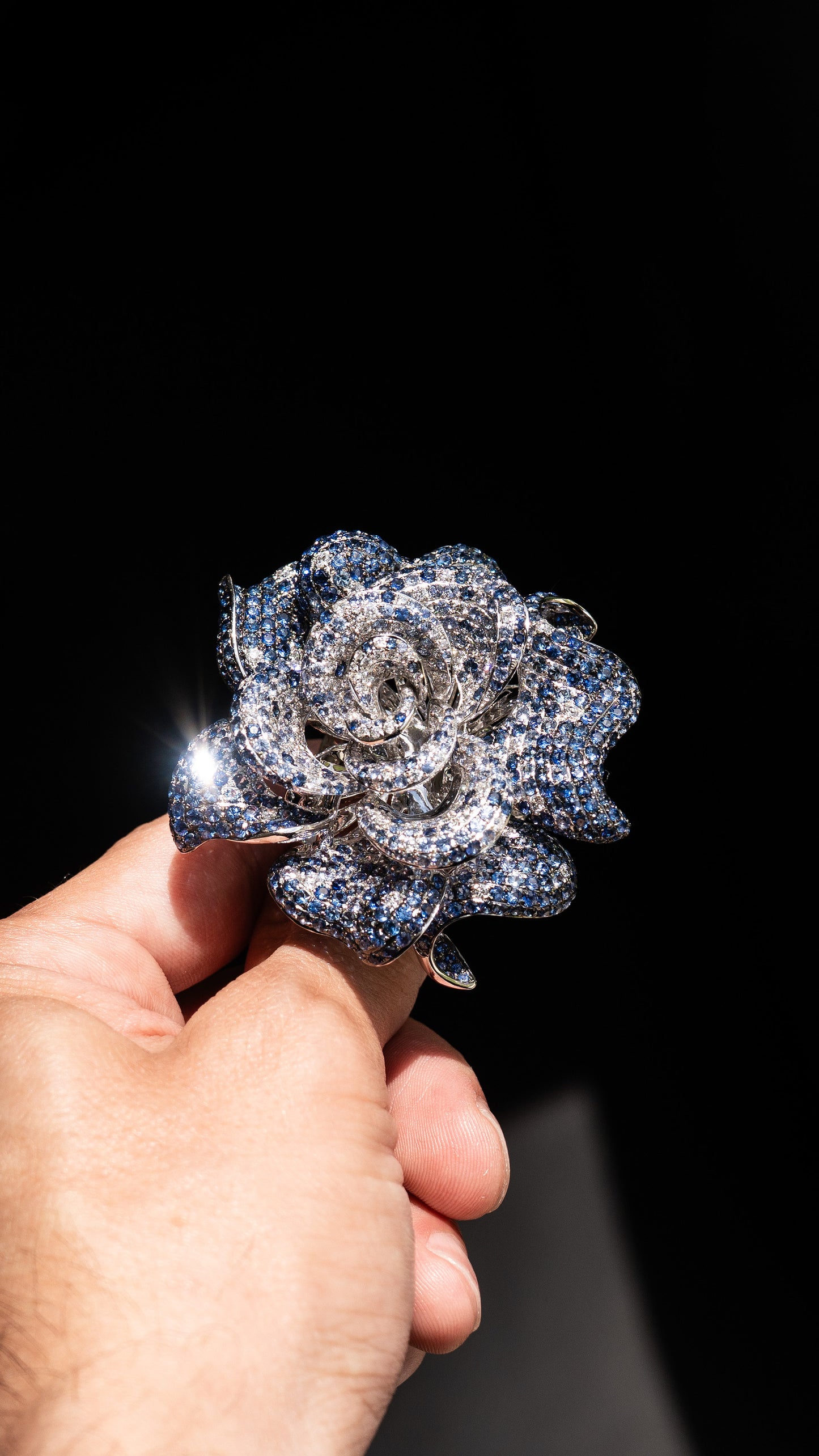 18k White Gold Large Flower Cocktail Ring Approx. 20 CTW Sapphires and Diamonds