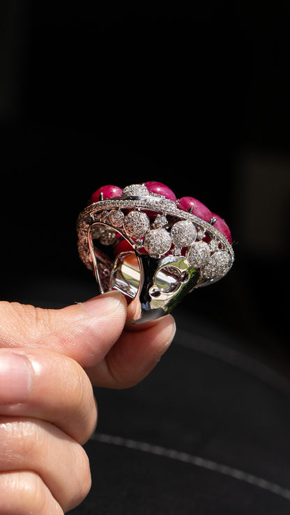 18k White Gold Cabochon Ruby and Diamond Cocktail Ring