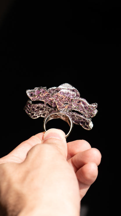 18k White and Black Gold Large Flower Cocktail Ring - Approx 30 CTW Rose Cut Pink Sapphires and Diamonds
