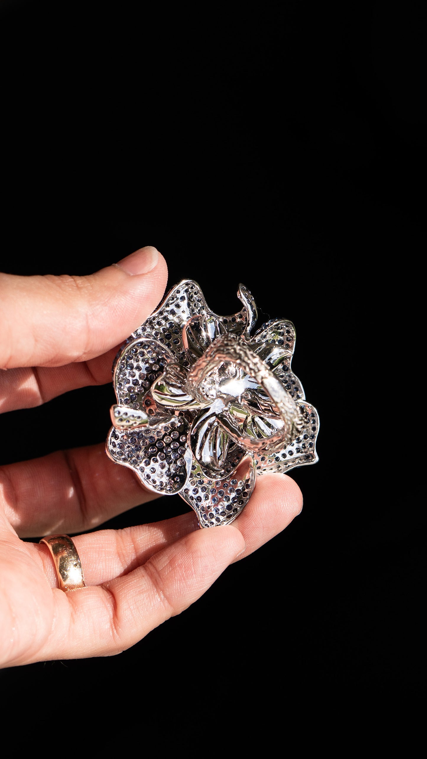 18k White Gold Large Flower Cocktail Ring Approx. 20 CTW Sapphires and Diamonds