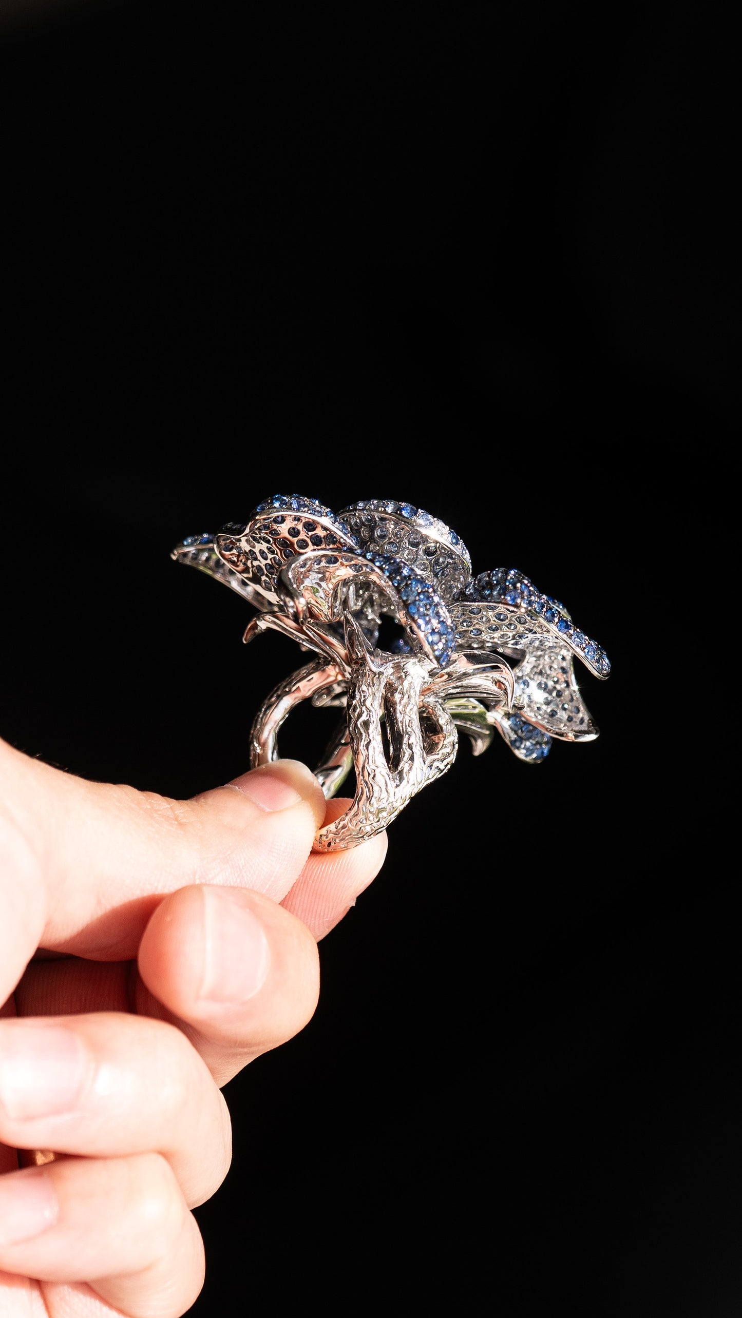 18k White Gold Large Flower Cocktail Ring Approx. 20 CTW Sapphires and Diamonds