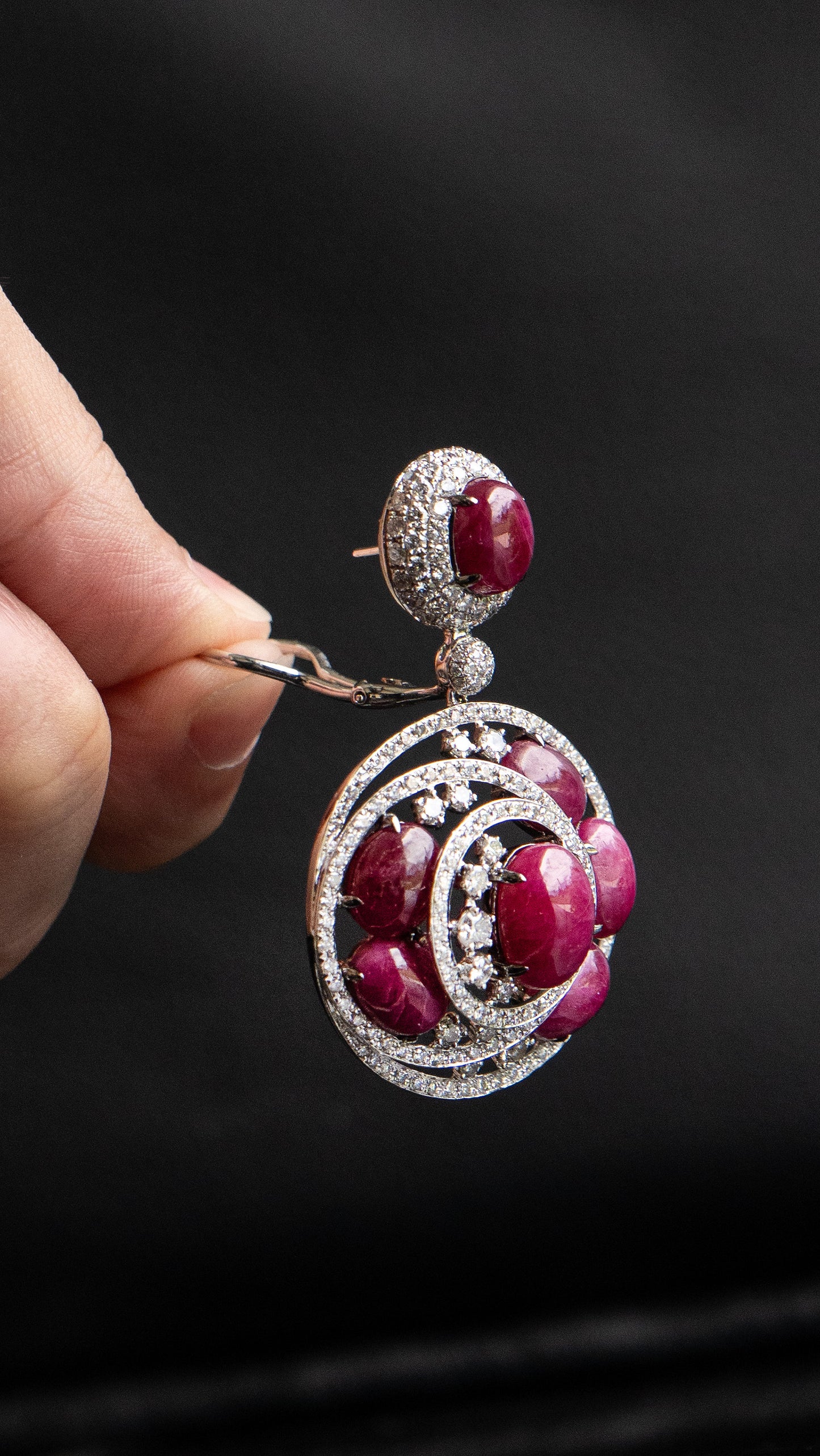 18k White Gold Cabochon Ruby and Diamond Drop Cocktail Earrings