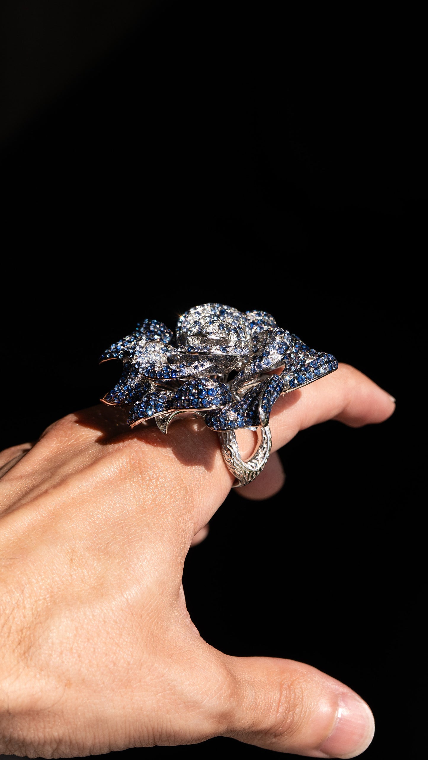 18k White Gold Large Flower Cocktail Ring Approx. 20 CTW Sapphires and Diamonds