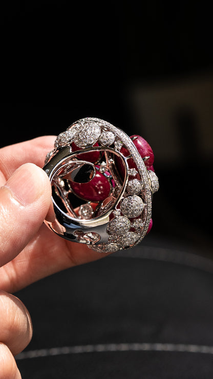 18k White Gold Cabochon Ruby and Diamond Cocktail Ring