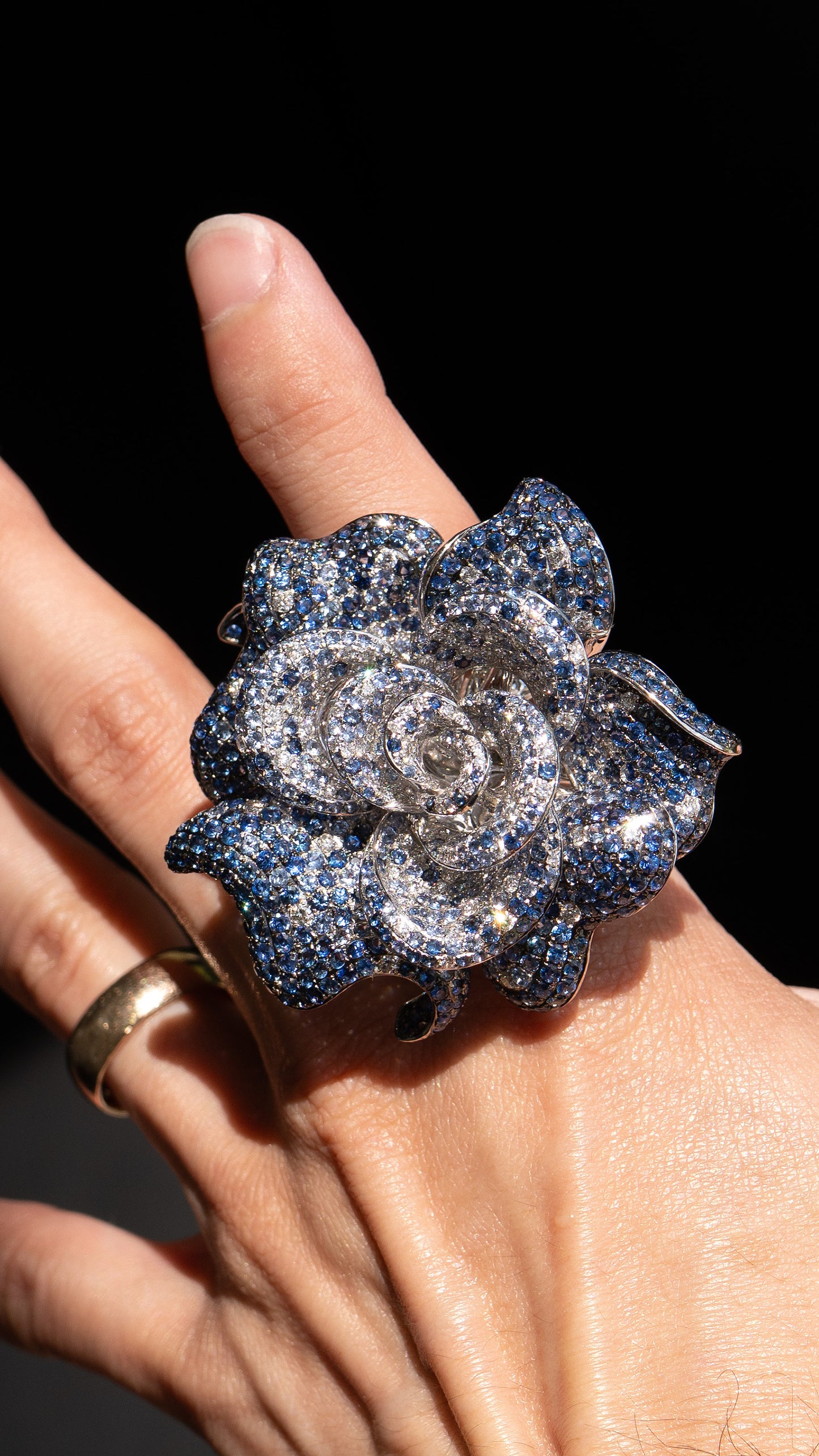 18k White Gold Large Flower Cocktail Ring Approx. 20 CTW Sapphires and Diamonds