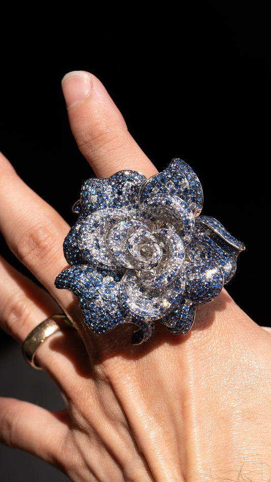 18k White Gold Large Flower Cocktail Ring Approx. 20 CTW Sapphires and Diamonds