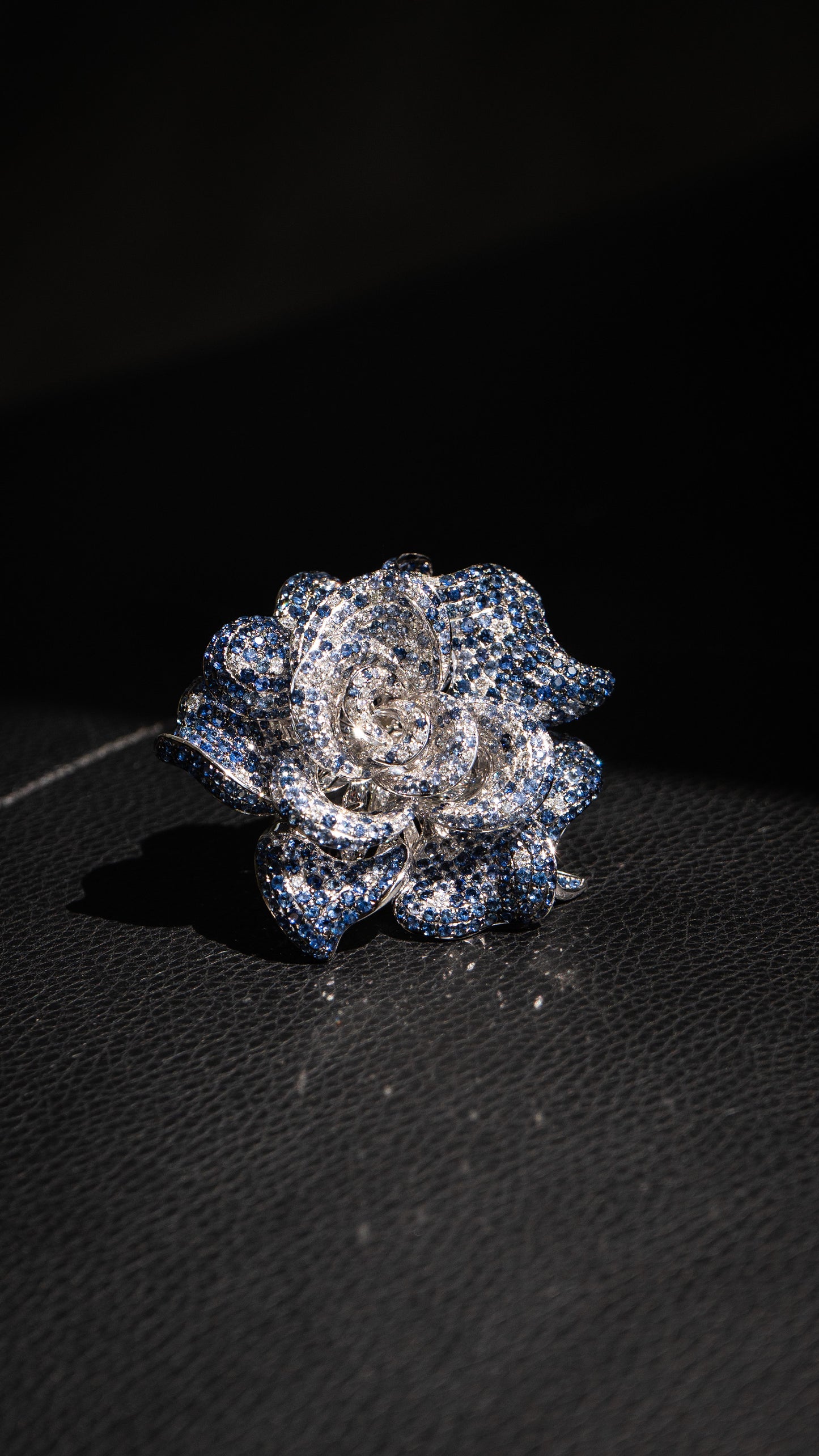 18k White Gold Large Flower Cocktail Ring Approx. 20 CTW Sapphires and Diamonds