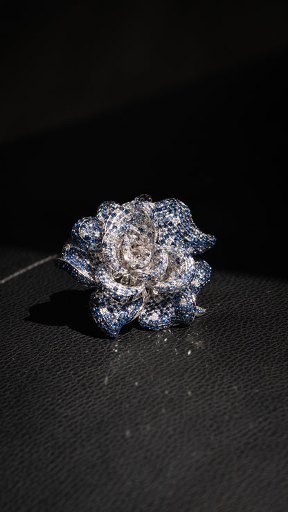 18k White Gold Large Flower Cocktail Ring Approx. 20 CTW Sapphires and Diamonds