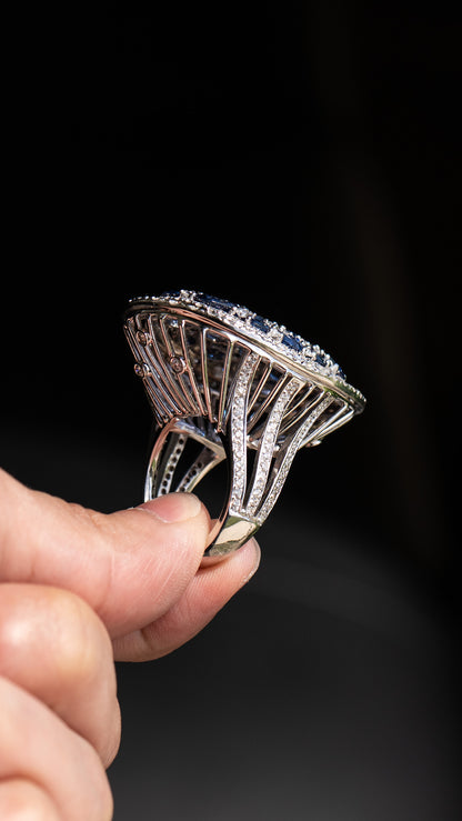 18k White Gold Natural Sapphire and Diamond Large Cocktail Ring Approx 16 CTW