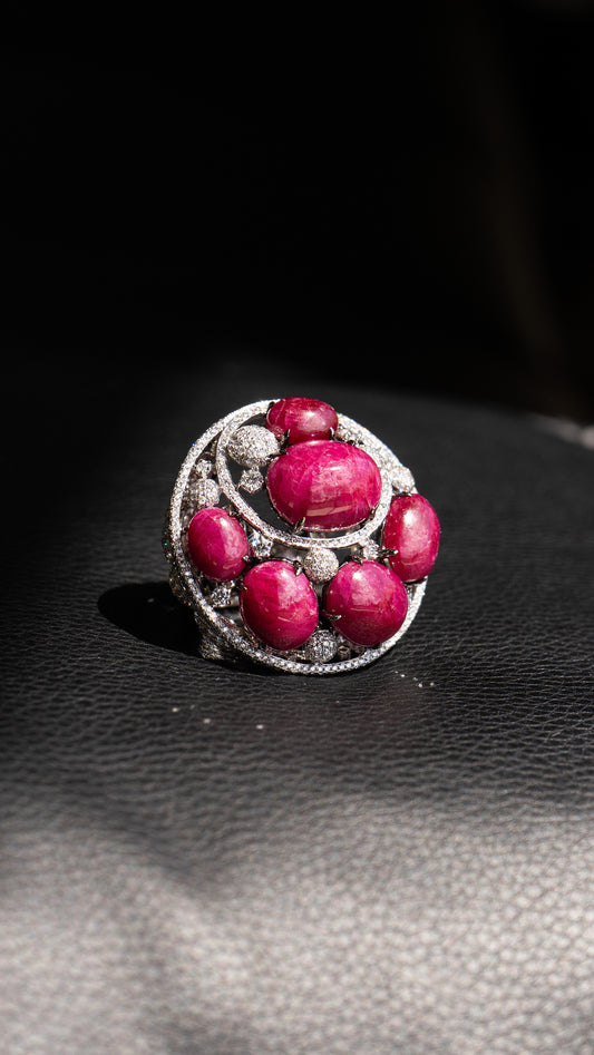 18k White Gold Cabochon Ruby and Diamond Cocktail Ring