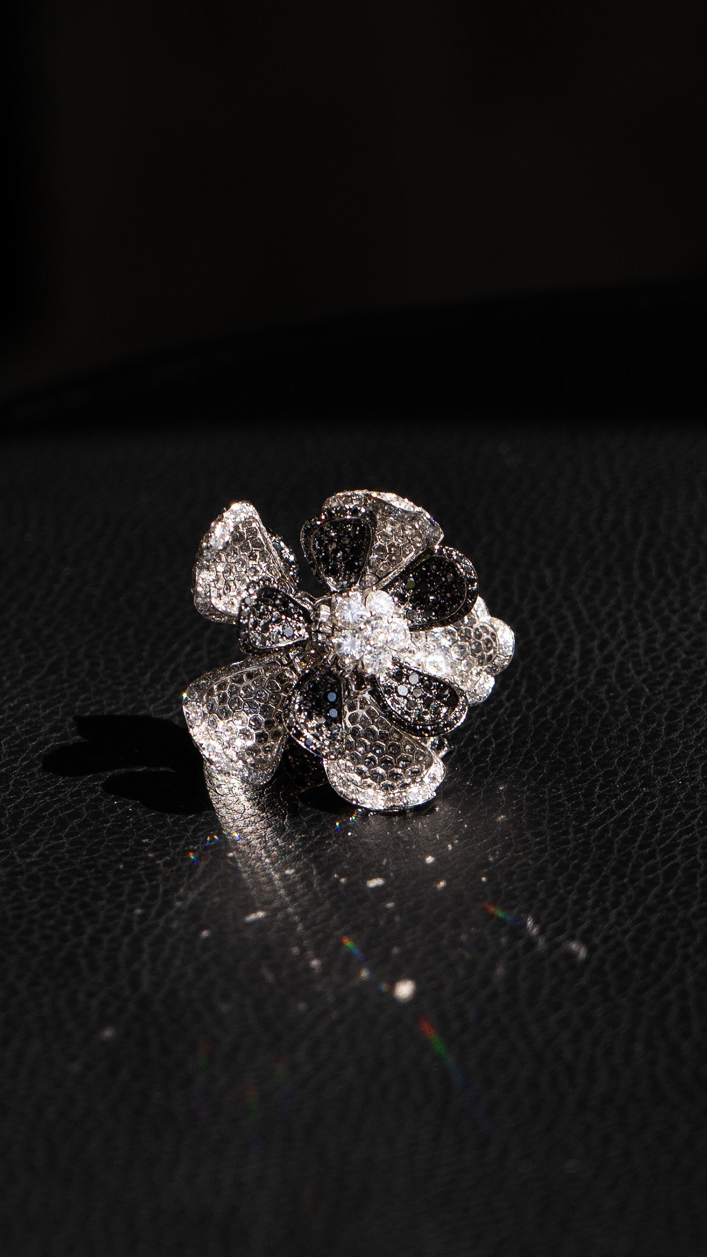 18k White Gold Budding Flower Ring Approx 12cts White and Black Natural Diamonds
