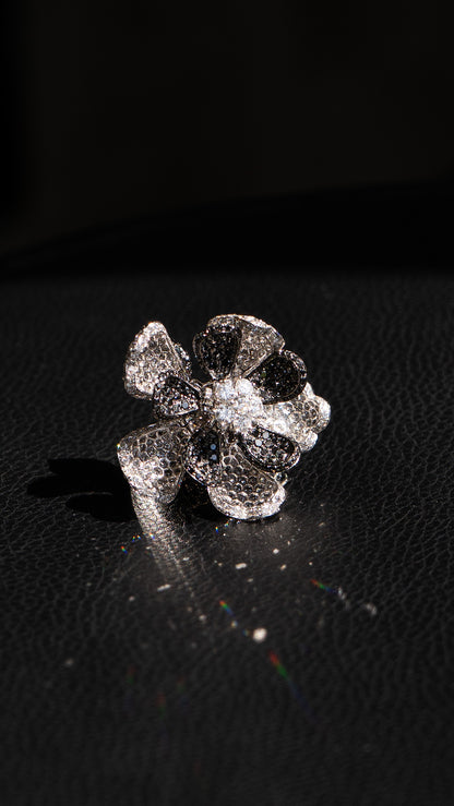 18k White Gold Budding Flower Ring Approx 12cts White and Black Natural Diamonds