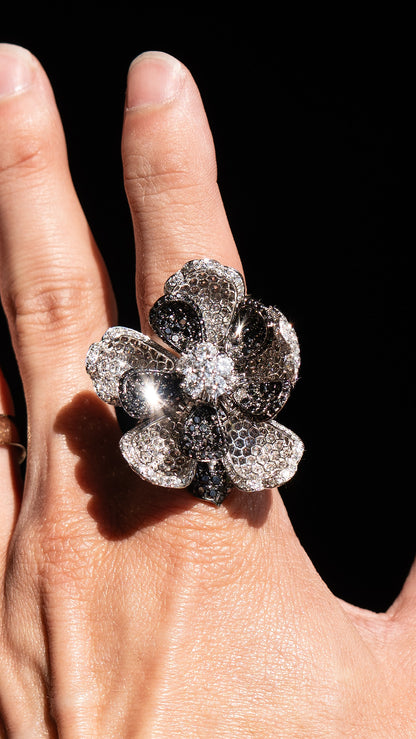 18k White Gold Budding Flower Ring Approx 12cts White and Black Natural Diamonds