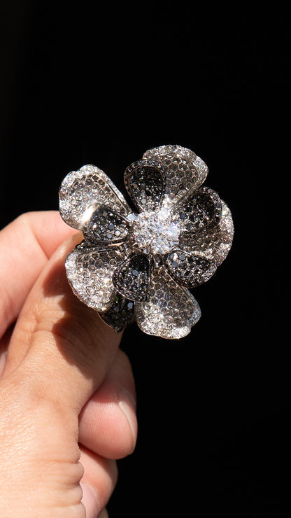 18k White Gold Budding Flower Ring Approx 12cts White and Black Natural Diamonds