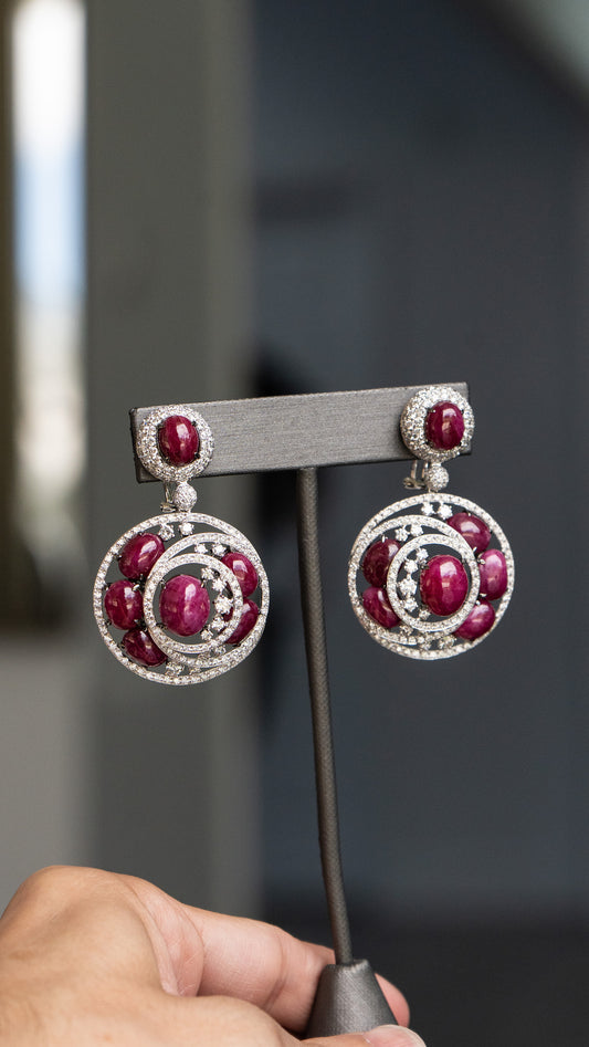 18k White Gold Cabochon Ruby and Diamond Drop Cocktail Earrings