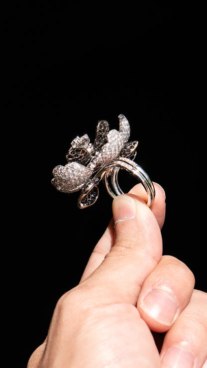 18k White Gold Budding Flower Ring Approx 12cts White and Black Natural Diamonds