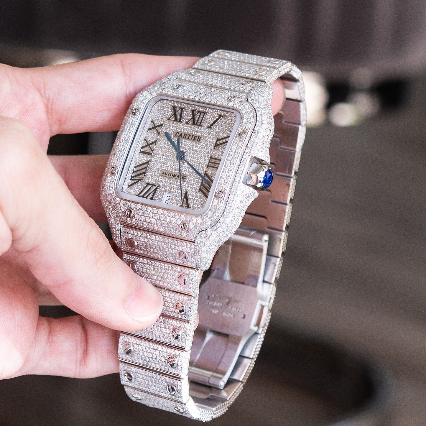 Cartier Santos Stainless Steel Bustdown Diamond Watch