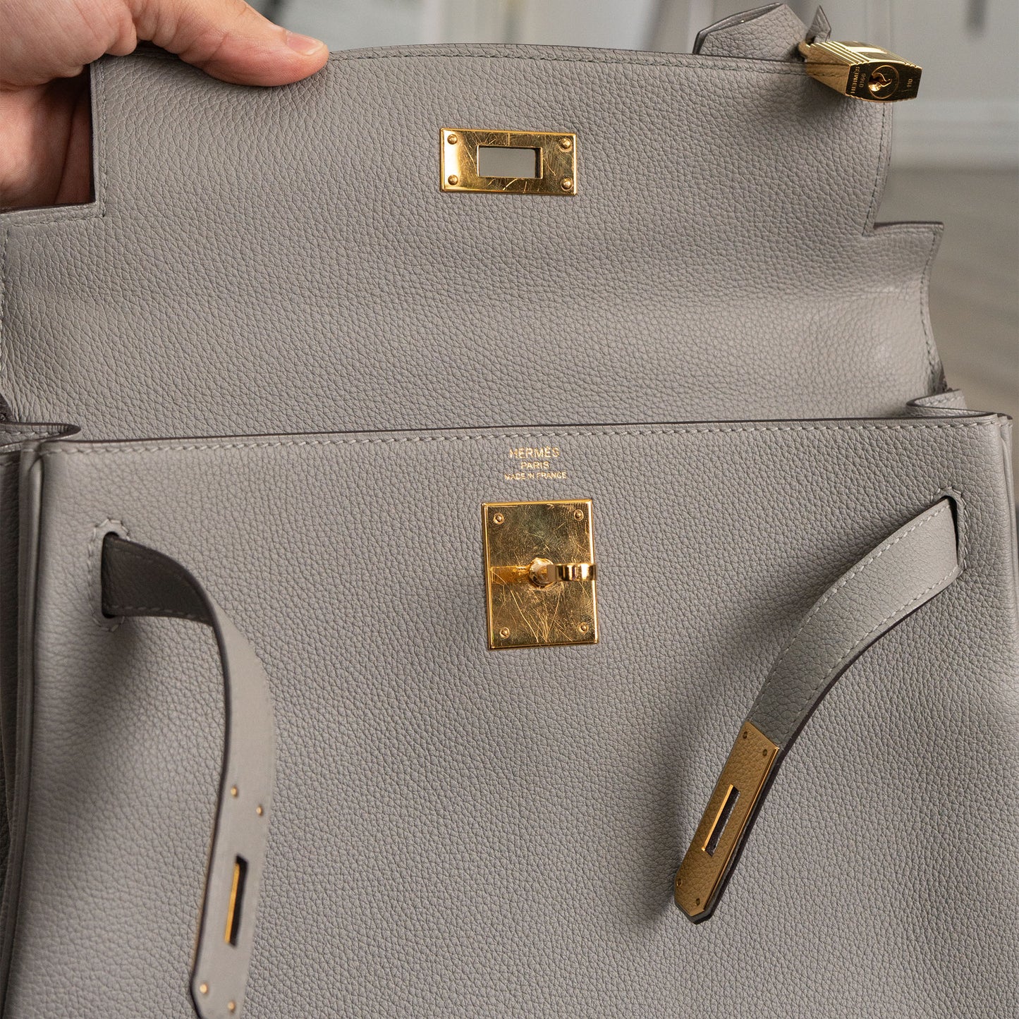 Hermes Kelly 28 Grey Togo Handbag With Entrupy Certification