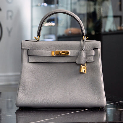 Hermes Kelly 28 Grey Togo Handbag With Entrupy Certification