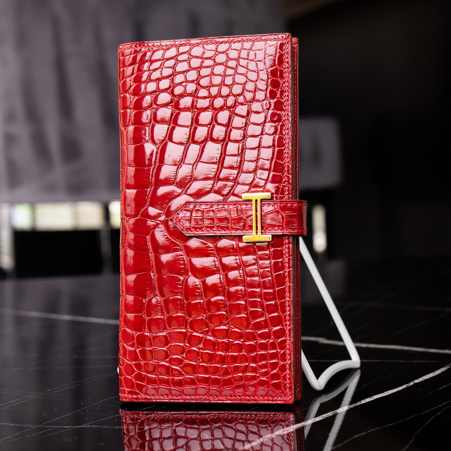 HERMES Shiny Alligator Bearn Wallet Geranium