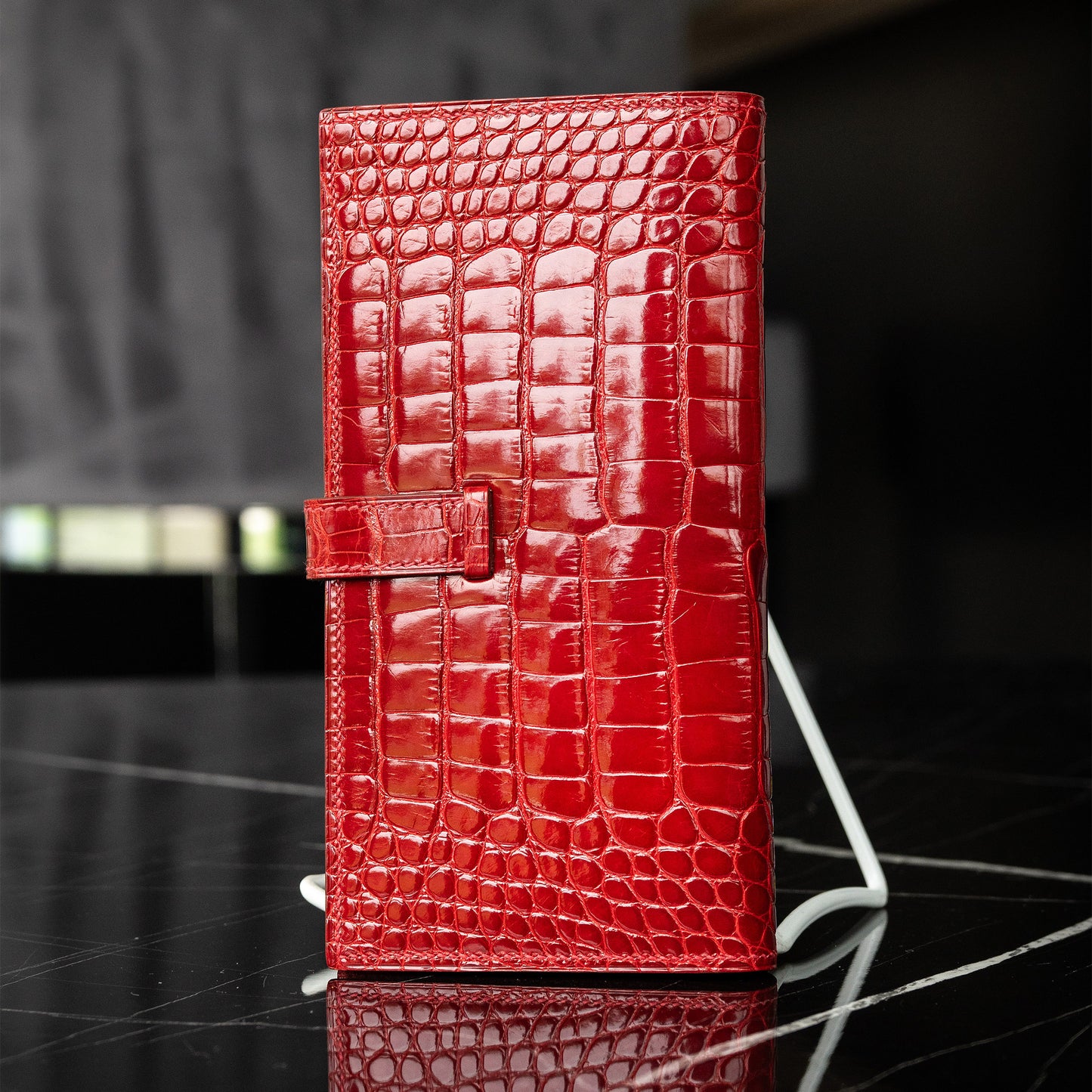 HERMES Shiny Alligator Bearn Wallet Geranium