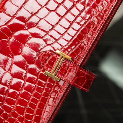 HERMES Shiny Alligator Bearn Wallet Geranium