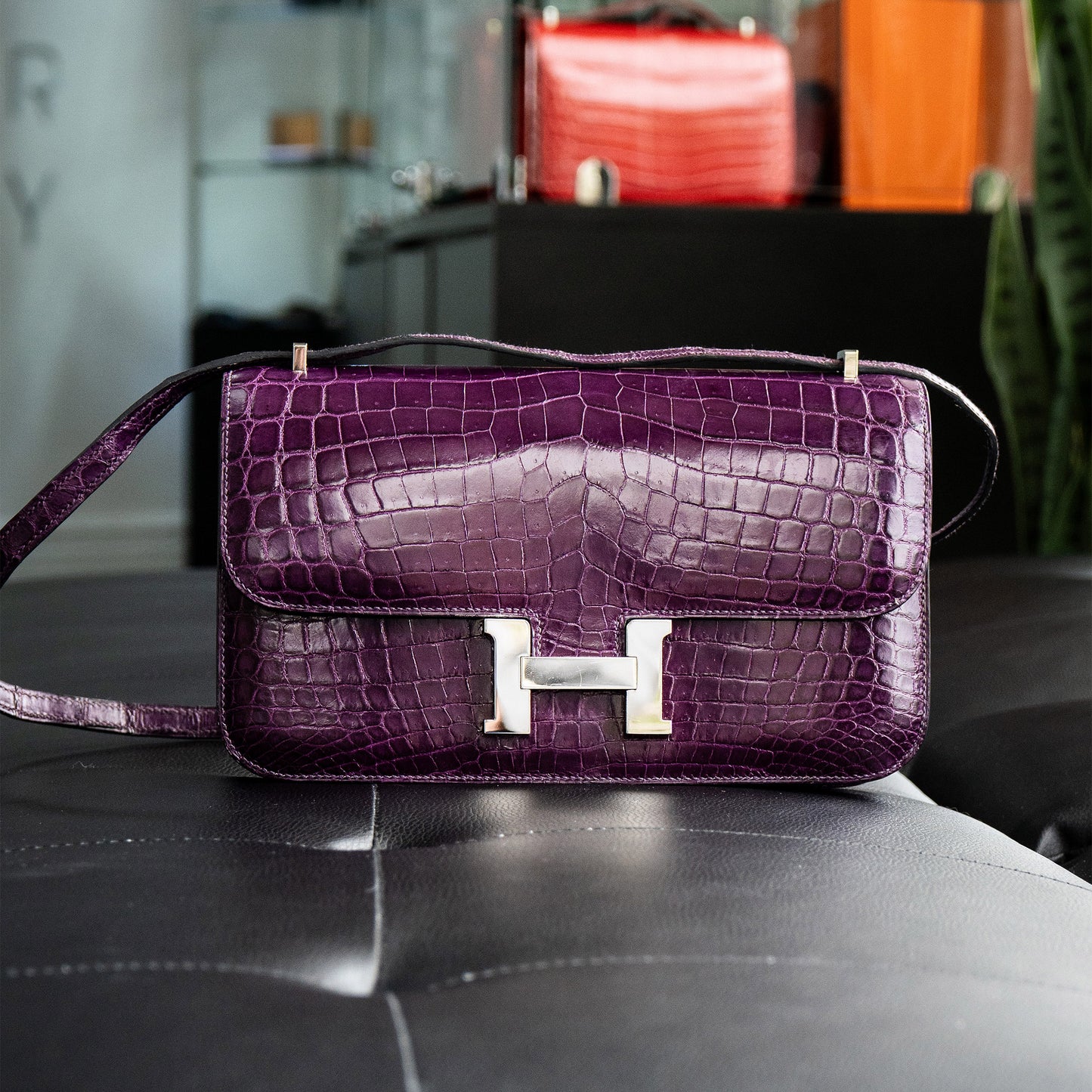 Hermes Amethyst Shiny Niloticus Crocodile Constance Handbag