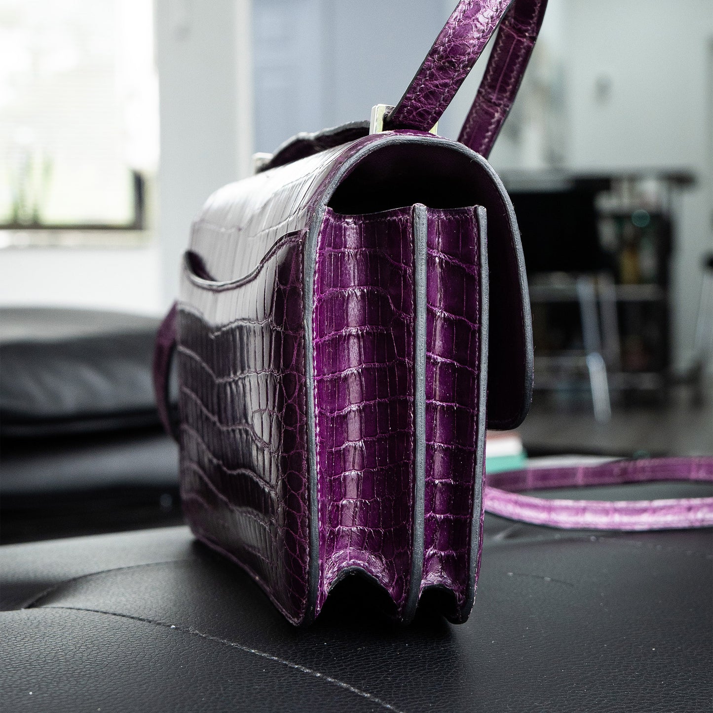 Hermes Amethyst Shiny Niloticus Crocodile Constance Handbag