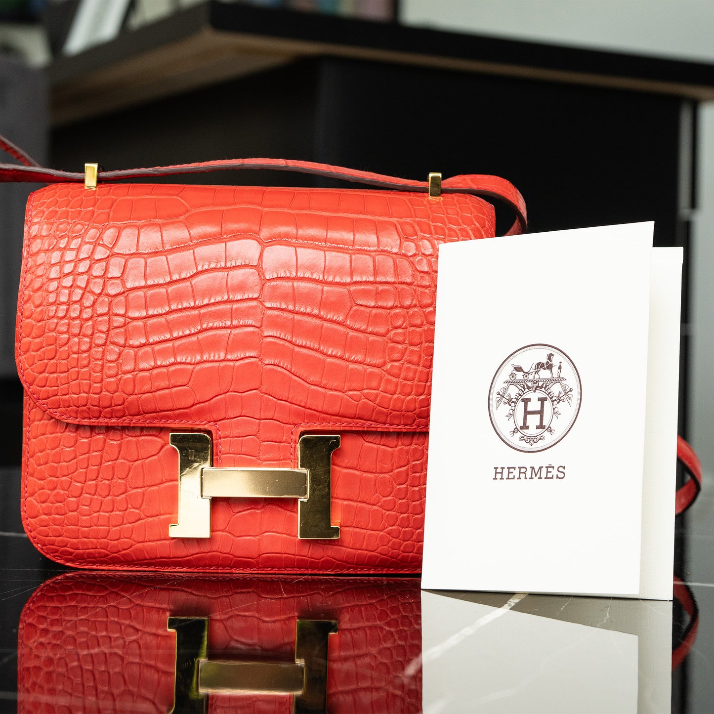 HERMES Red Matte Alligator Constance 18 Rouge Indien Handbag