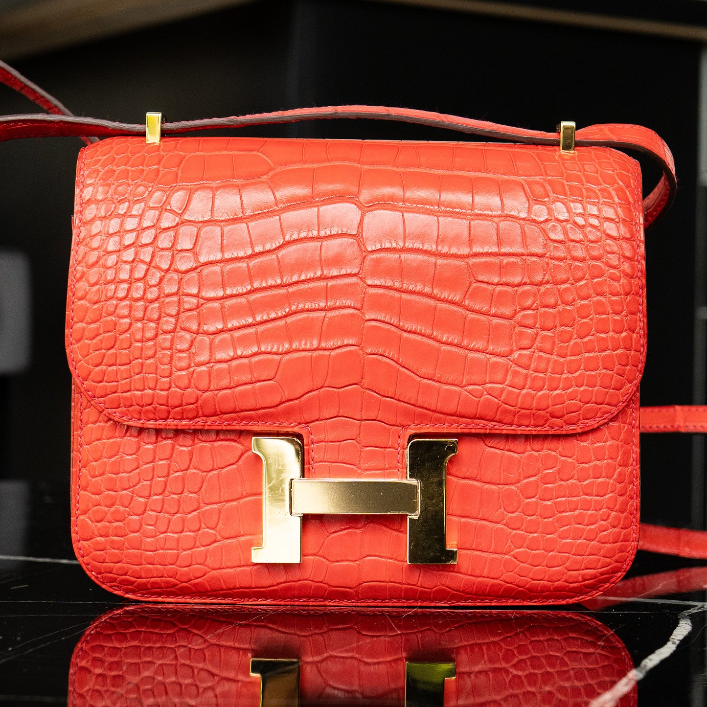HERMES Red Matte Alligator Constance 18 Rouge Indien Handbag