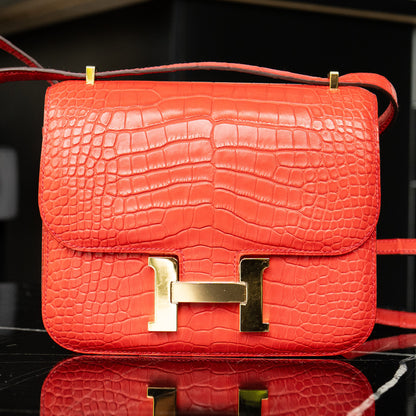 HERMES Red Matte Alligator Constance 18 Rouge Indien Handbag