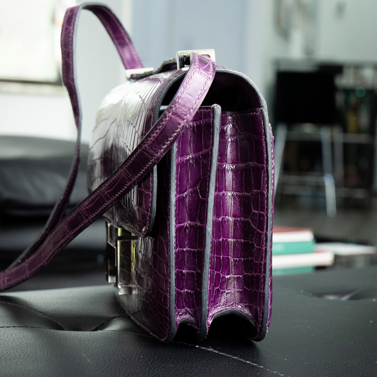 Hermes Amethyst Shiny Niloticus Crocodile Constance Handbag