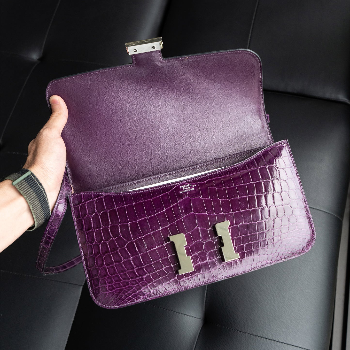 Hermes Amethyst Shiny Niloticus Crocodile Constance Handbag