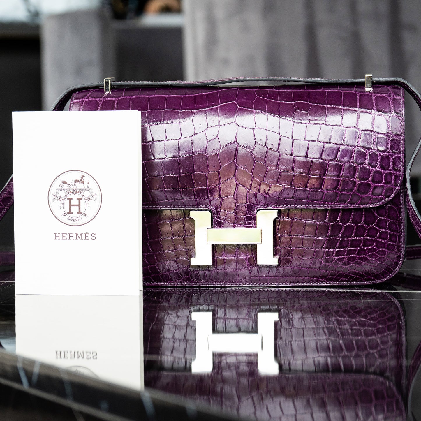 Hermes Amethyst Shiny Niloticus Crocodile Constance Handbag