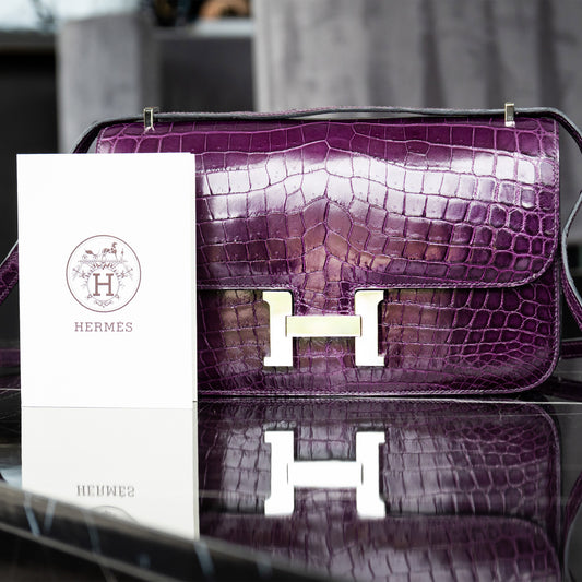 Hermes Amethyst Shiny Niloticus Crocodile Constance Handbag