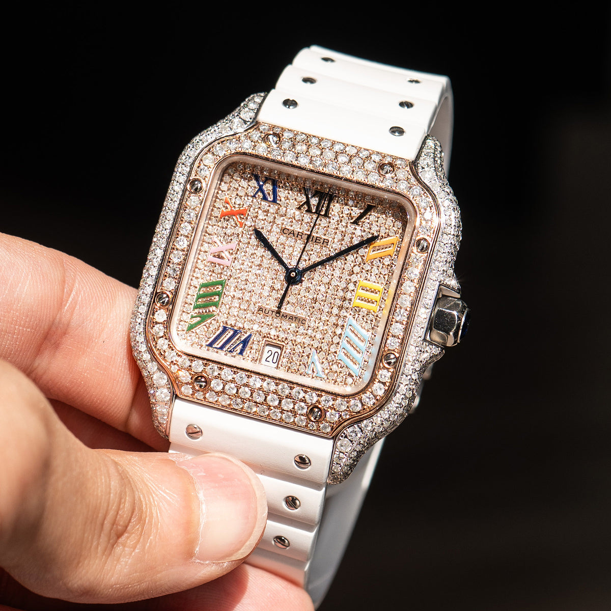 Pre-Owned Cartier Santos Large Diamond Pave Two Tone Custom Watch with White Strap