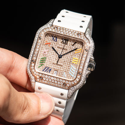 Pre-Owned Cartier Santos Large Diamond Pave Two Tone Custom Watch with White Strap
