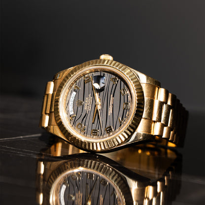Pre-Owned Rolex 218238 Day-Date II Yellow Gold Black Arabic Wave Dial Presidential Watch